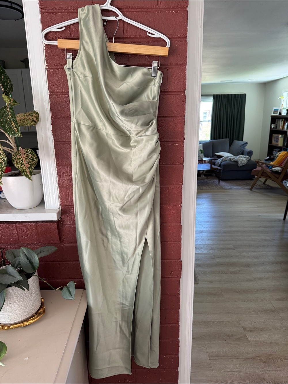 BHLDN Anthropologie Dylan Sage Stretch Satin One-Shoulder Side Slit Dress Small - Picture 2 of 9